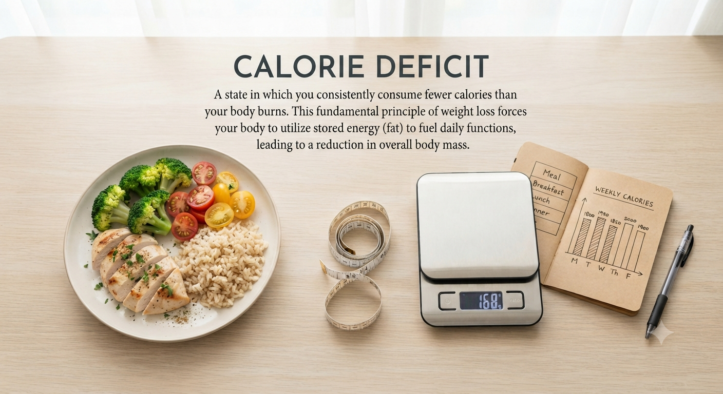 Calorie deficit calculator guide showing a healthy portioned meal with chicken, broccoli, and rice next to a tape measure and calorie tracking notebook