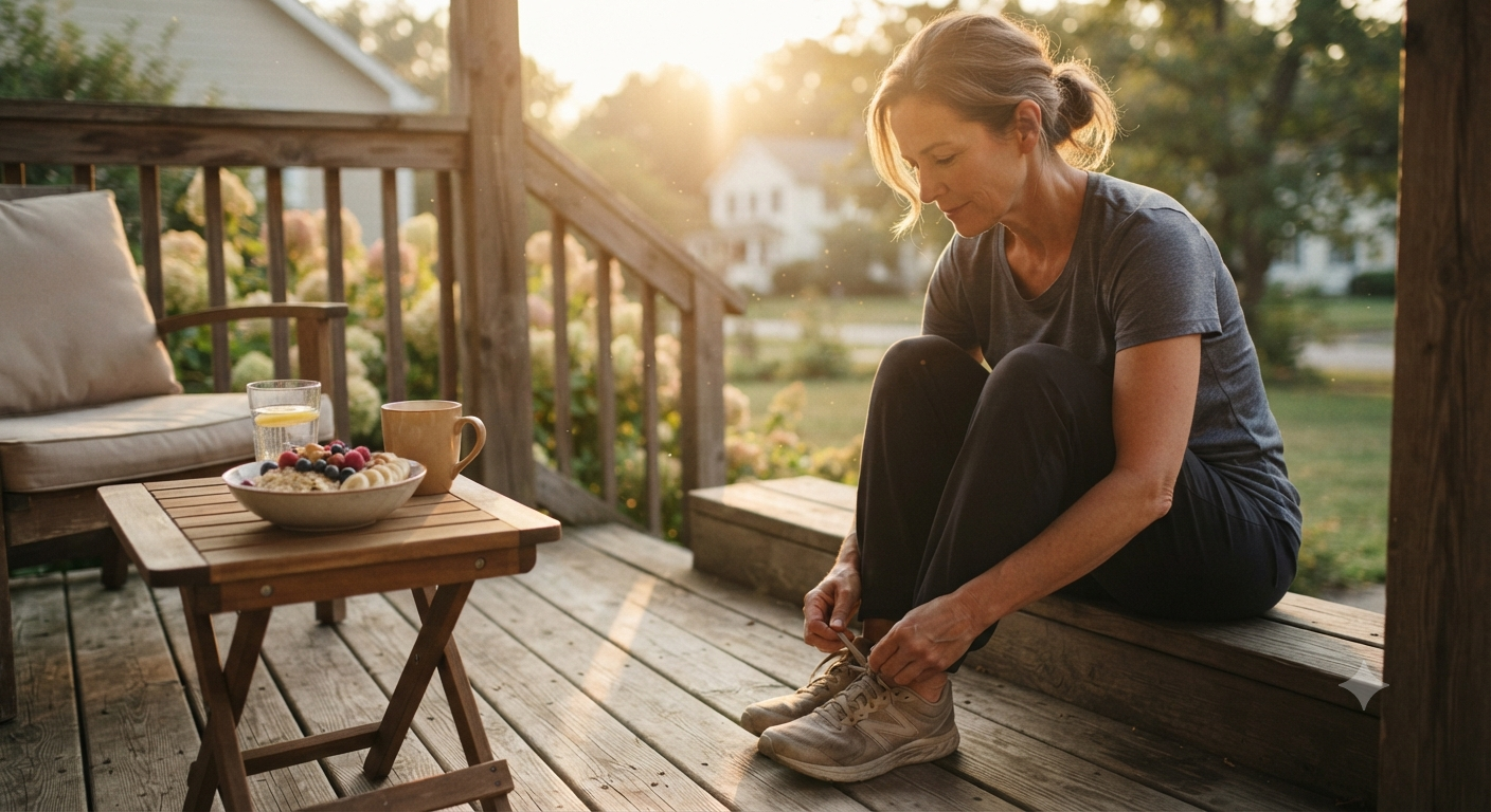 easy weight loss habits for beginners - healthy morning routine with water, fruit, and workout gear