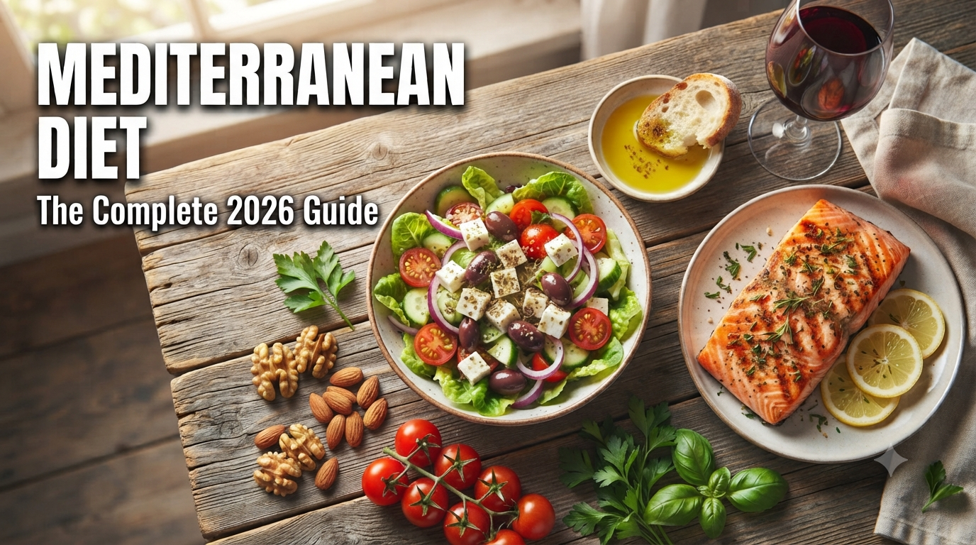 Mediterranean diet food spread with olive oil, salmon, salad, and nuts on a wooden table