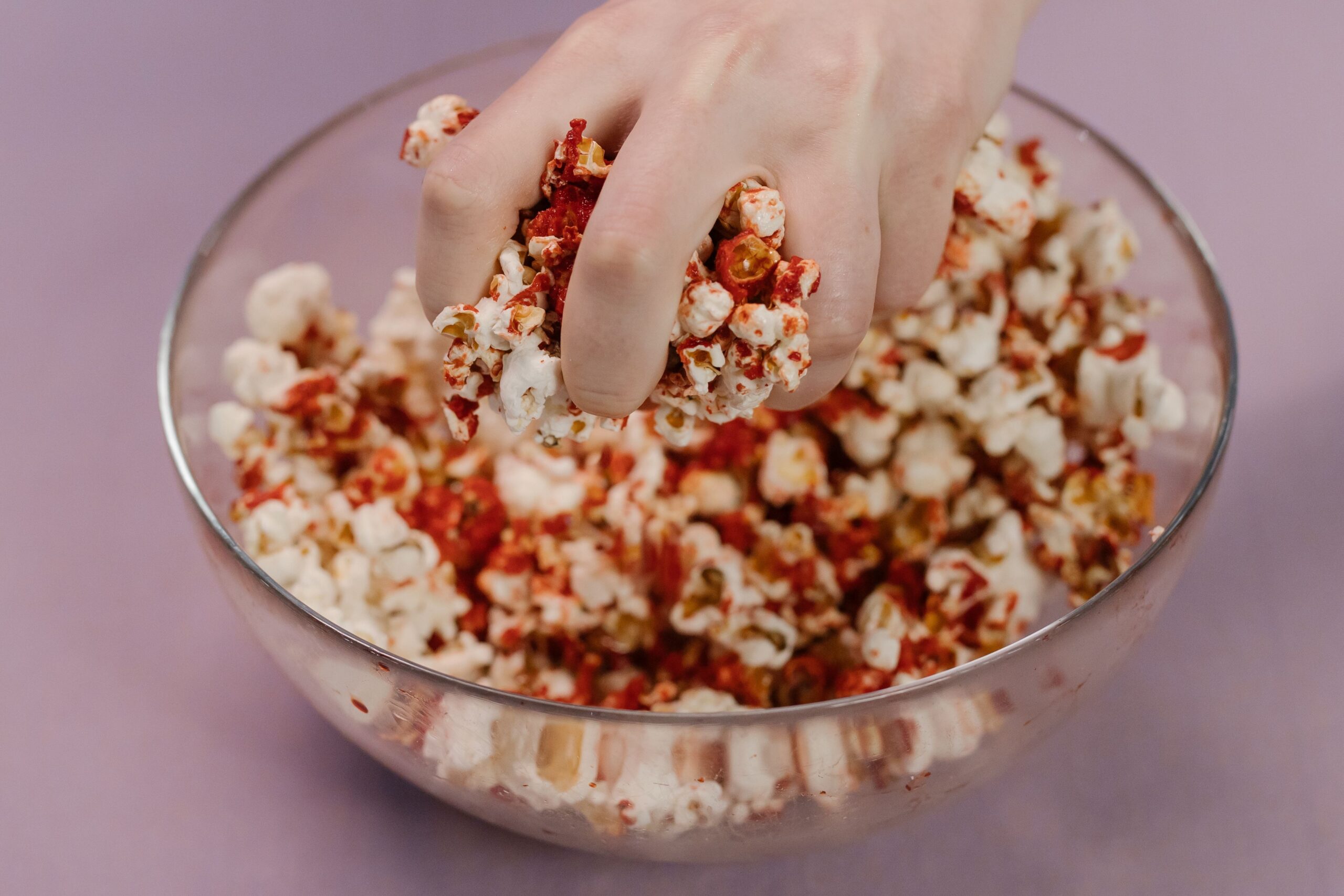 Bowl of plain air-popped popcorn, a high-volume low-calorie snack